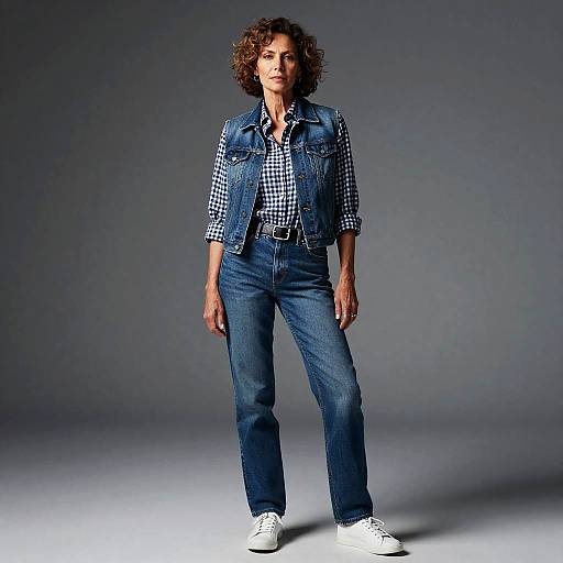 Photograph of a curly-haired woman in a blue denim vest, checkered shirt, blue jeans, and white sneakers, standing against a gray gradient background