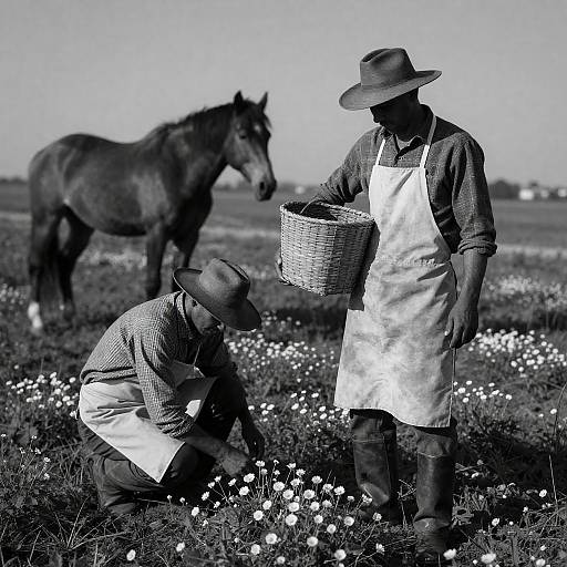 Black and White Farmers Picking Flowers with Horse