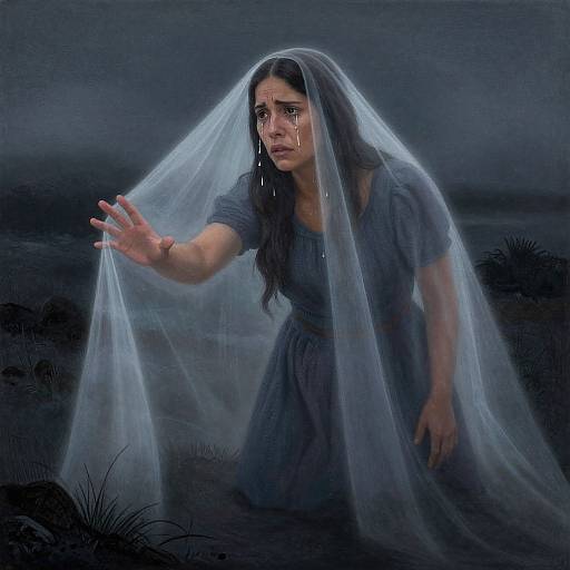 Photorealistic digital painting of a sad woman in a dark blue dress, with a transparent veil, reaching out in a dark, misty night landscape
