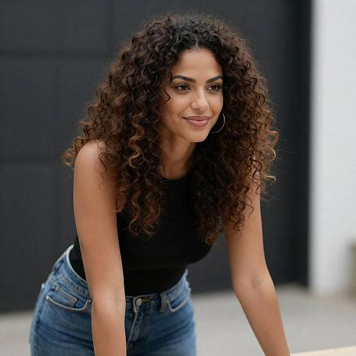 Smiling Woman with Curly Hair Leaning Forward