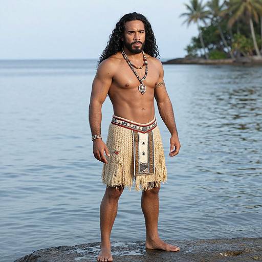 Photograph of a muscular, shirtless man with long black hair and beard, wearing a fringed, tribal-style skirt and bead jewelry, standing on