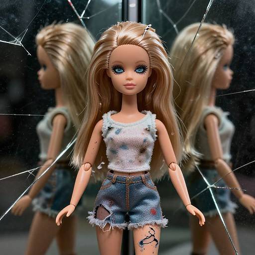 Photograph of a blonde-haired, blue-eyed doll with a white, ripped tank top and denim shorts, mirrored reflection, glass with cracks.
