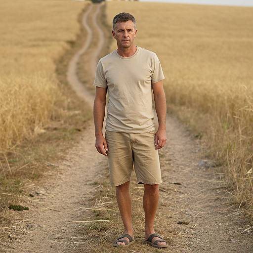 Photograph of a middle-aged man with short gray hair, wearing a beige t-shirt, khaki shorts, and sandals, standing on a dirt path