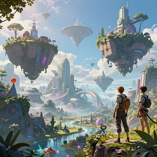 Fantasy CGI artwork of two adventurers facing futuristic floating cities with lush greenery, colorful skies, and vibrant landscape. Sunlight and lens flares illuminate