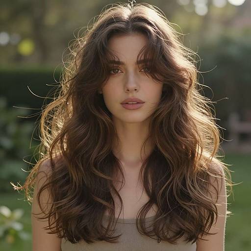 Photograph of a young woman with long, wavy brown hair, fair skin, and full lips, standing outdoors in a sunlit garden. She