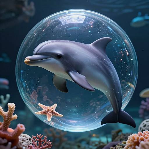 Photograph of a sleek dolphin swimming inside a transparent bubble, surrounded by colorful coral and a pink starfish in a vibrant underwater scene.