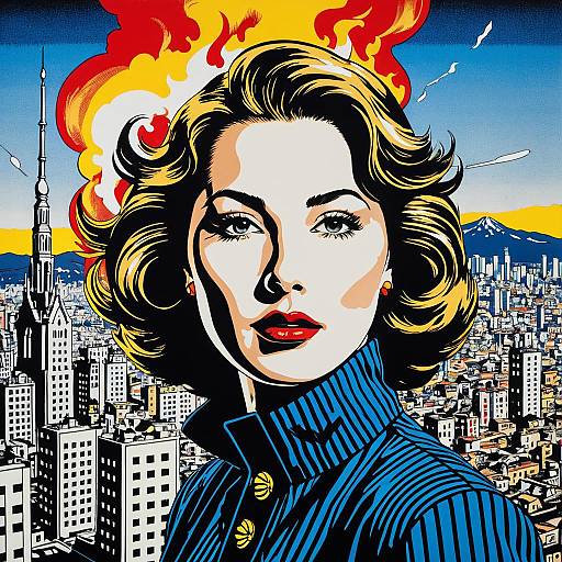 Pop Art Woman with Burning City Background