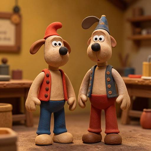 CGI image of two cartoon dogs with tan fur, wearing red vests, blue pants, and red/blue hats, standing in a cozy, warmly-l