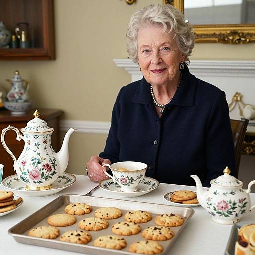 Photograph of an elderly white woman with short gray hair, wearing a black blouse, sitting at a tea table with floral china, cookies on a tray
