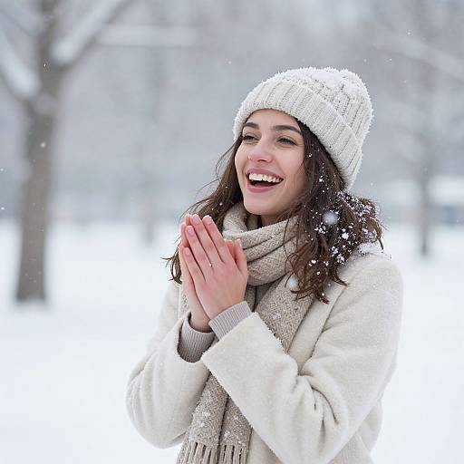 Photograph of a smiling woman with long brown hair, white knit hat, beige scarf, and white coat, clapping hands in snowy forest.