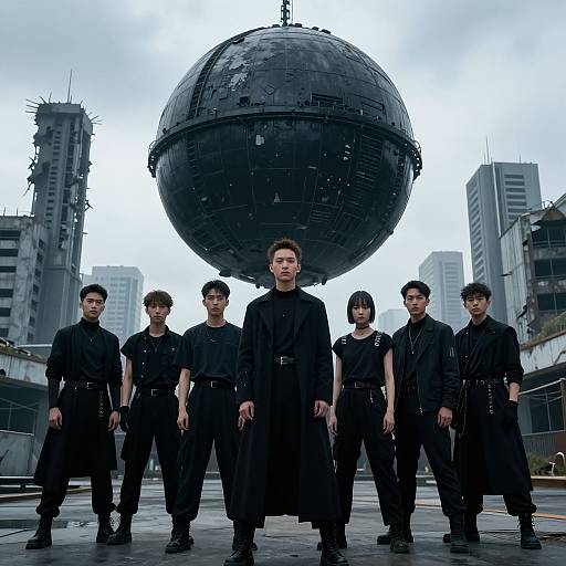 Photograph of six Asian men in black military-style uniforms standing in front of a large, black, spherical spaceship in a futuristic urban cityscape.