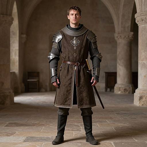 Photograph of a young man in medieval knight armor standing in a stone-walled, arched hallway with a sword at his side.