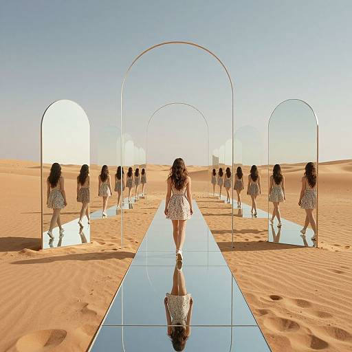 Photograph of a woman with wavy brown hair in a floral dress, walking on a mirrored path in a desert, surrounded by mirrored arches reflecting