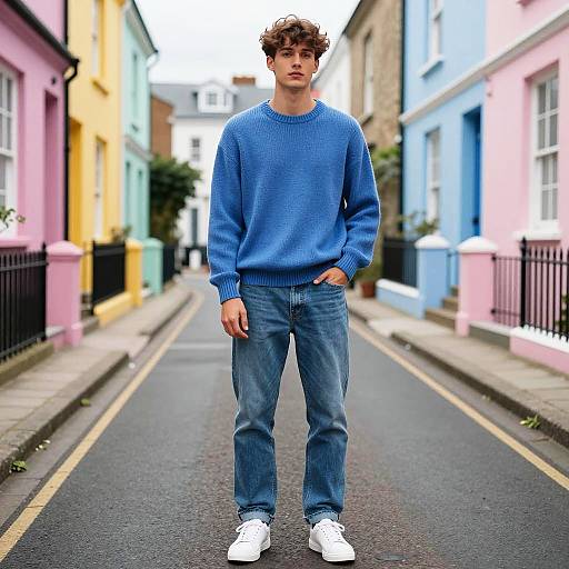 Young Man in Blue Sweater on Colorful Street