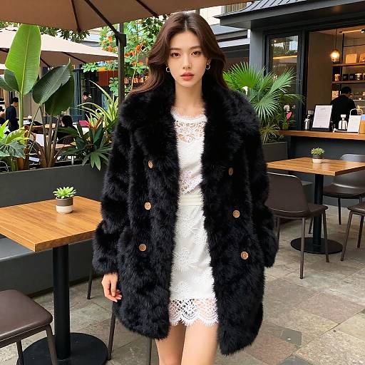 Chic Petite Woman in Trendy Coffee Bar