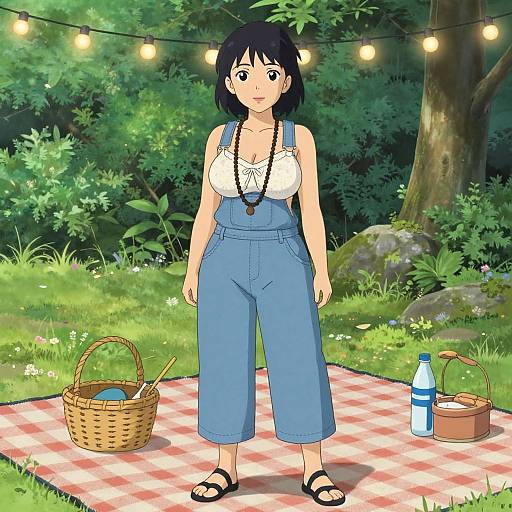 Anime-style digital drawing of a woman with black hair, wearing a white top and blue overalls, standing on a picnic blanket in a lush, tree