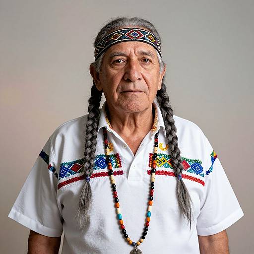 Photograph of an elderly Indigenous man with long gray hair in braids, wearing a white embroidered shirt, beaded necklace, and headband, against