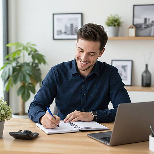 Photograph of smiling, dark-haired man in navy shirt writing in notebook at wooden desk with laptop, plant, and framed photos.