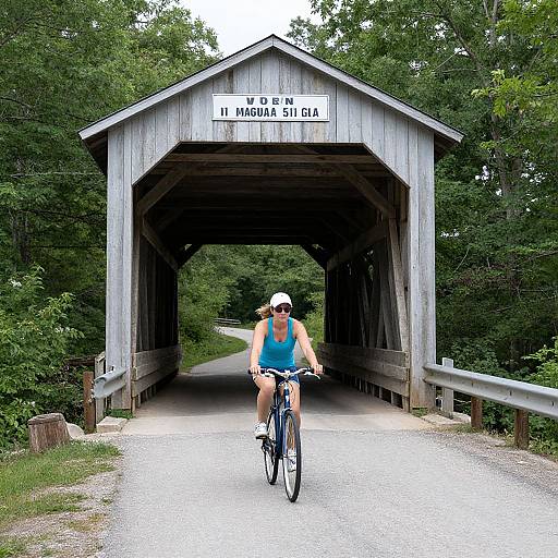 Photograph of a woman in a blue tank top and white cap cycling through a wooden covered bridge with dense green trees in the background. 