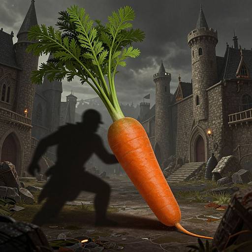 Photograph-style CGI: Silhouetted figure running past giant orange carrot with green leaves, in front of a dark, stormy medieval castle.