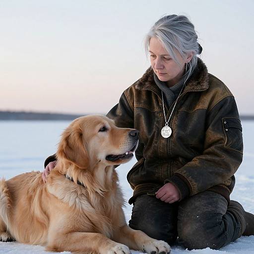 Photograph of a white-haired woman in a brown jacket, kneeling in snow, gently petting a golden retriever dog. She wears a silver necklace