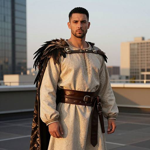 Photograph of a muscular, bearded man with short dark hair, wearing a beige tunic, brown leather belt, and black feathered cape,