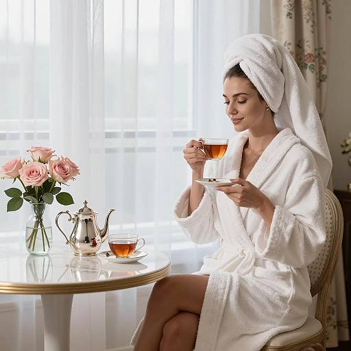 Woman in Bathrobe Enjoying Tea Indoors