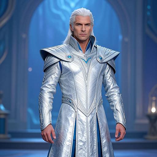 Photograph of a white-haired man in a silver, intricately patterned, medieval-style armor suit, standing on a blue-lit runway.