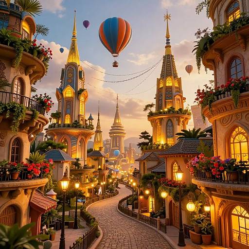 Fantasy castle street at sunset, illuminated by warm streetlights, with two tall spires, colorful flower boxes, and a blue hot air balloon in