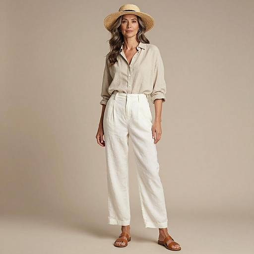 Photograph of a woman with long brown hair, wearing a straw hat, beige blouse, high-waisted white pants, and brown sandals, standing