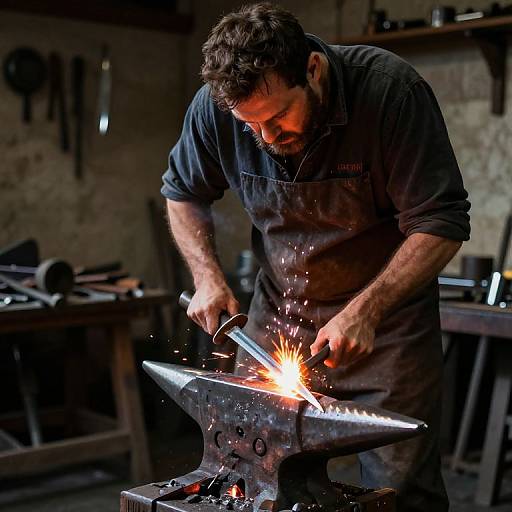 Photograph of a bearded blacksmith in a dark workshop, wearing a blue shirt, sparking metal on an anvil, surrounded by tools.