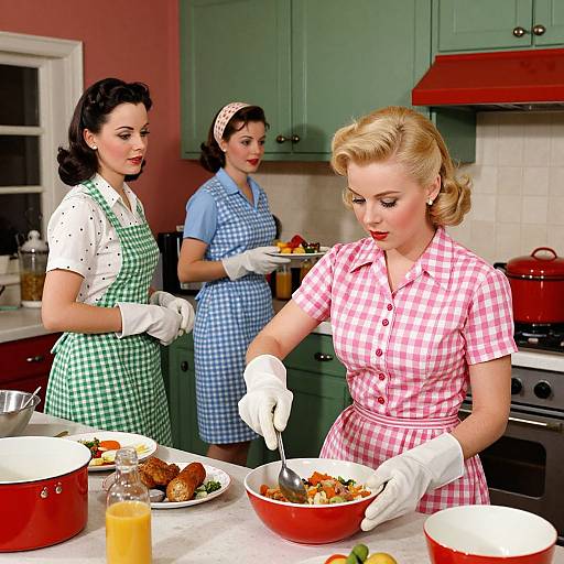 Vintage-style photograph of three women in 1950s kitchen, wearing checkered dresses and aprons, cooking and serving food with bright red and green