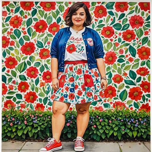 Curvy Woman in Floral Outfit and Red Sneakers