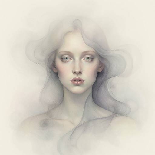 Digital painting of a pale, ethereal woman with long, flowing white hair, soft pink lips, and serene green eyes, set against a white,
