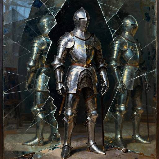 Photograph of three medieval armored knights in shiny silver armor, standing in a dimly lit, cracked glass display case, reflecting light.