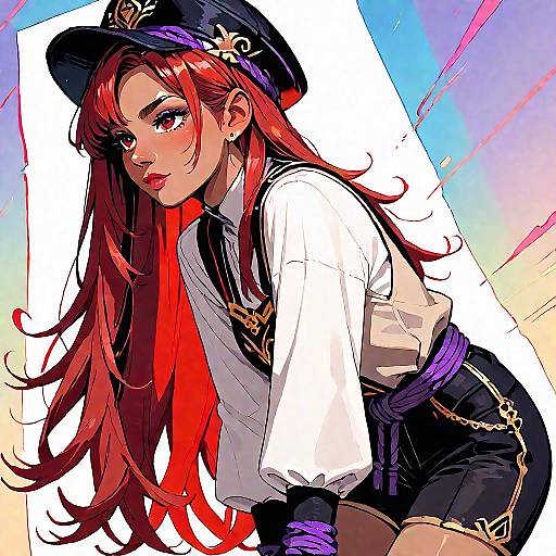 Digital anime-style drawing of a red-haired woman with long hair, wearing a black sailor hat, white shirt, red scarf, and black shorts with gold