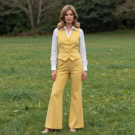 Photograph of a woman with wavy blonde hair, wearing a white blouse and yellow vest and pant suit, standing on a grassy field with a