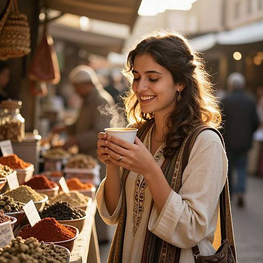 Photograph of a smiling young woman with long dark hair, wearing a white blouse and brown scarf, holding a steaming cup at a bustling outdoor market