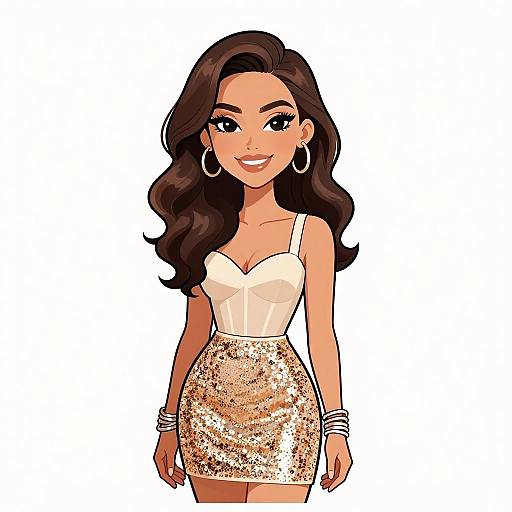 Digital illustration of a smiling woman with long brown hair, wearing a white strapless top and sparkly gold mini skirt, accessorized with hoop earrings and