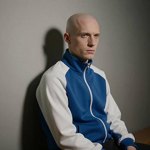 Serious bald man in blue and white track jacket