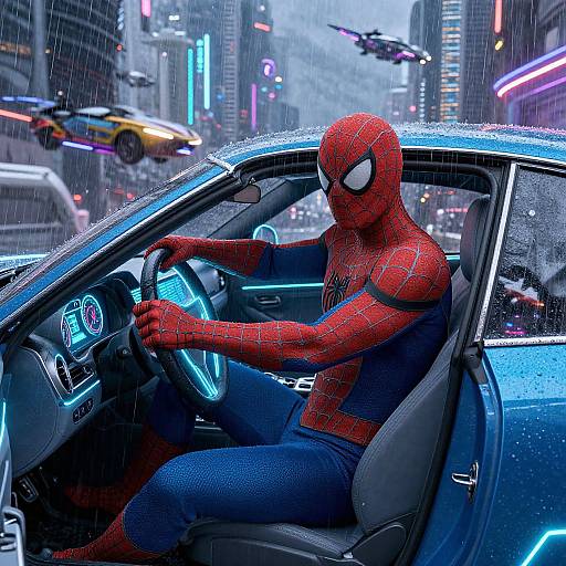 Cyberpunk Spiderman Driving Neon Car
