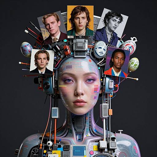 Digital art featuring a robotic woman with a cybernetic head, surrounded by six human faces, integrated with tech circuits and neon colors.