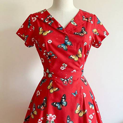 Photograph of a red dress with short sleeves, featuring a colorful butterfly pattern, displayed on a white mannequin against a plain white background.