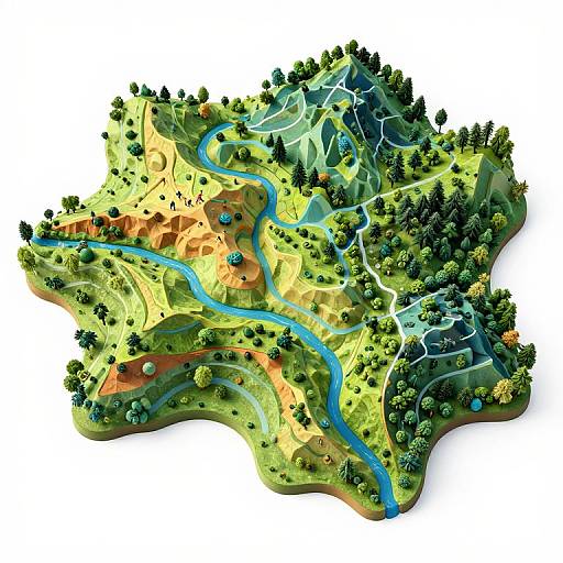 3D topographic map illustration: vividly colored terrain with green forests, blue winding river, orange hills, and white roads, viewed from above.