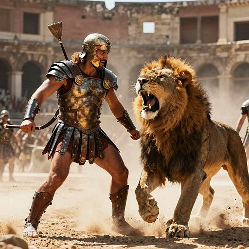 Photograph of a muscular gladiator in metallic armor facing a roaring lion in an ancient arena, sunlight casting dramatic shadows.
