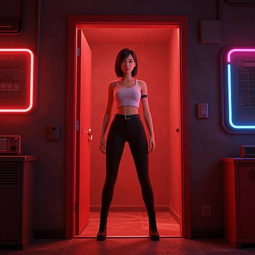 Woman in Neon Red Doorway