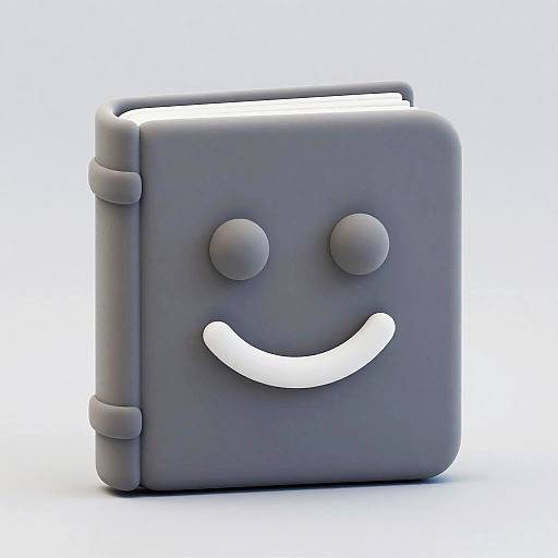 Photograph of a gray, 3D, cube-shaped book with a smiling face, featuring two round eyes and a curved white smile.