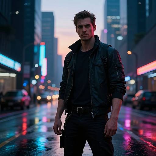 Photograph of a brooding, dark-haired man in a black leather jacket and dark shirt, standing in a neon-lit, rainy urban street at