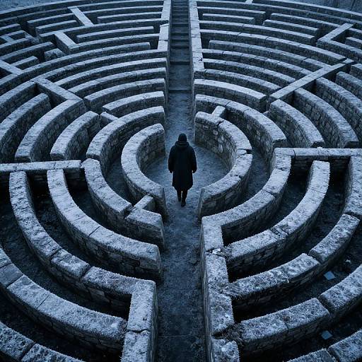 Photograph of a solitary person in a dark coat walking through a large, circular, ancient stone maze with blue-tinted lighting.