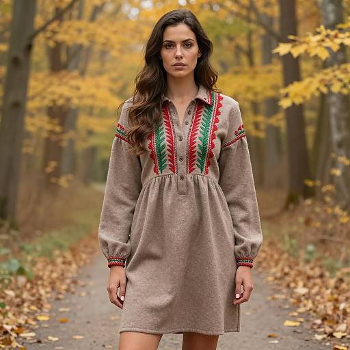 Woman in Embroidered Wool Dress on Autumn Forest Path